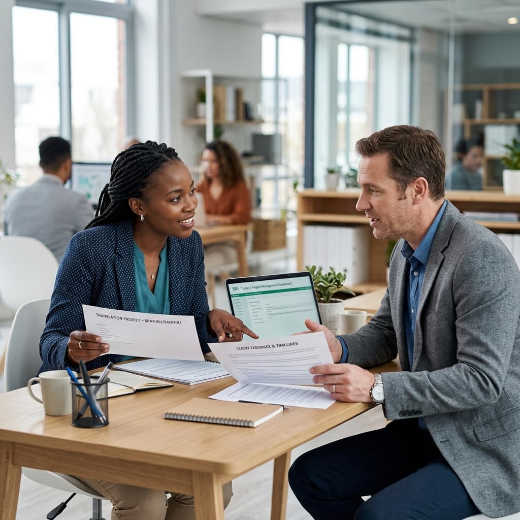 LingoBridge language service coordinators review client translation requests