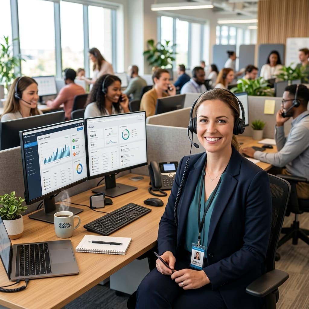 LingoBridge customer support coordinator wearing a headset at a desk in a bright office environment