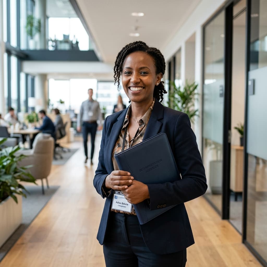 LingoBridge professional interpreter smiling and holding a portfolio in a bright office environment