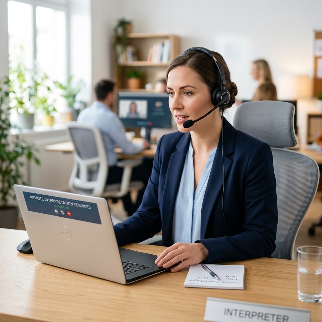 LingoBridge professional remote telephone interpreter with headset working in office environment